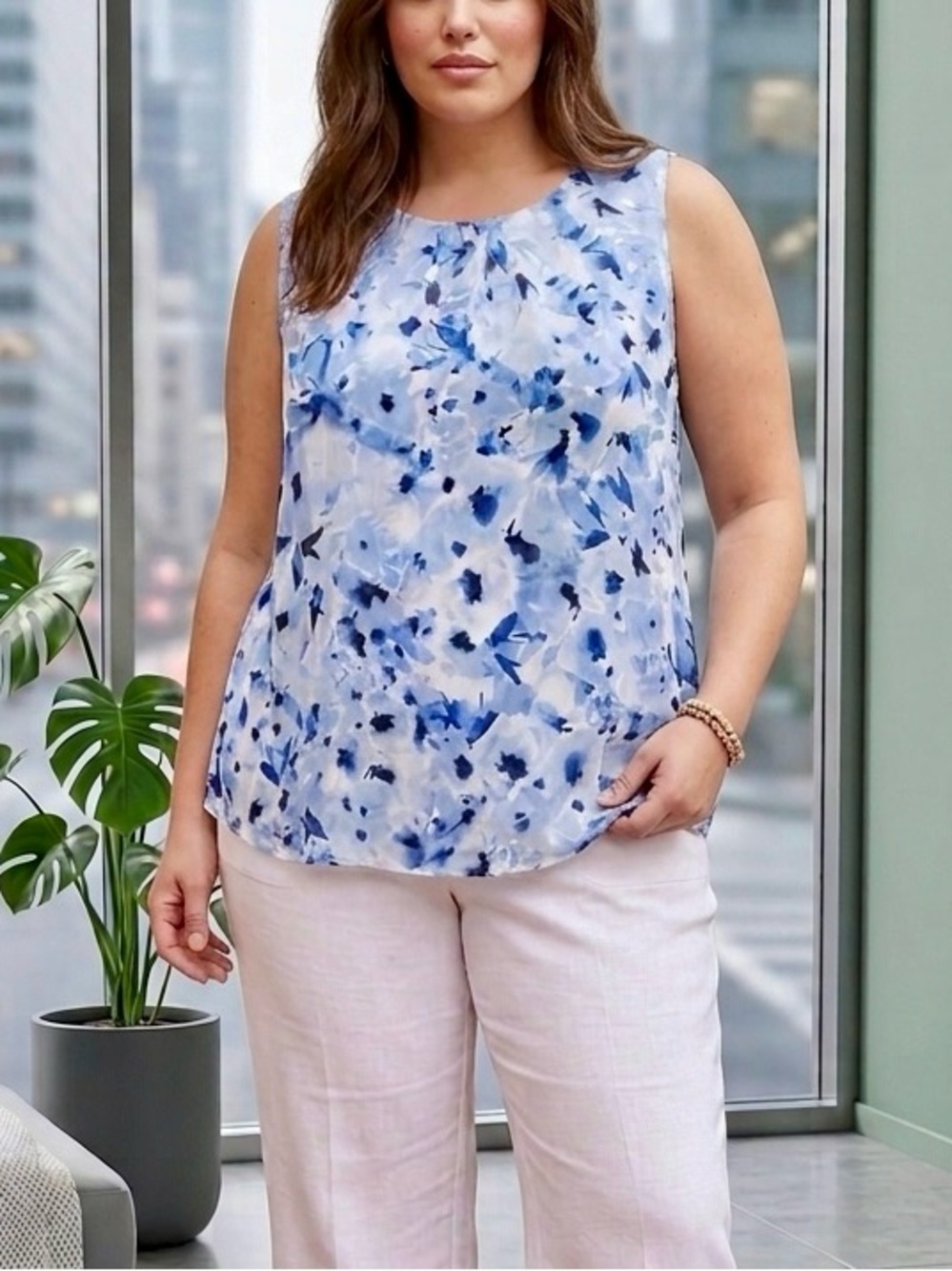 Christina B, NWT, Blue Floral Sleeveless Blouse, XL, P2P: